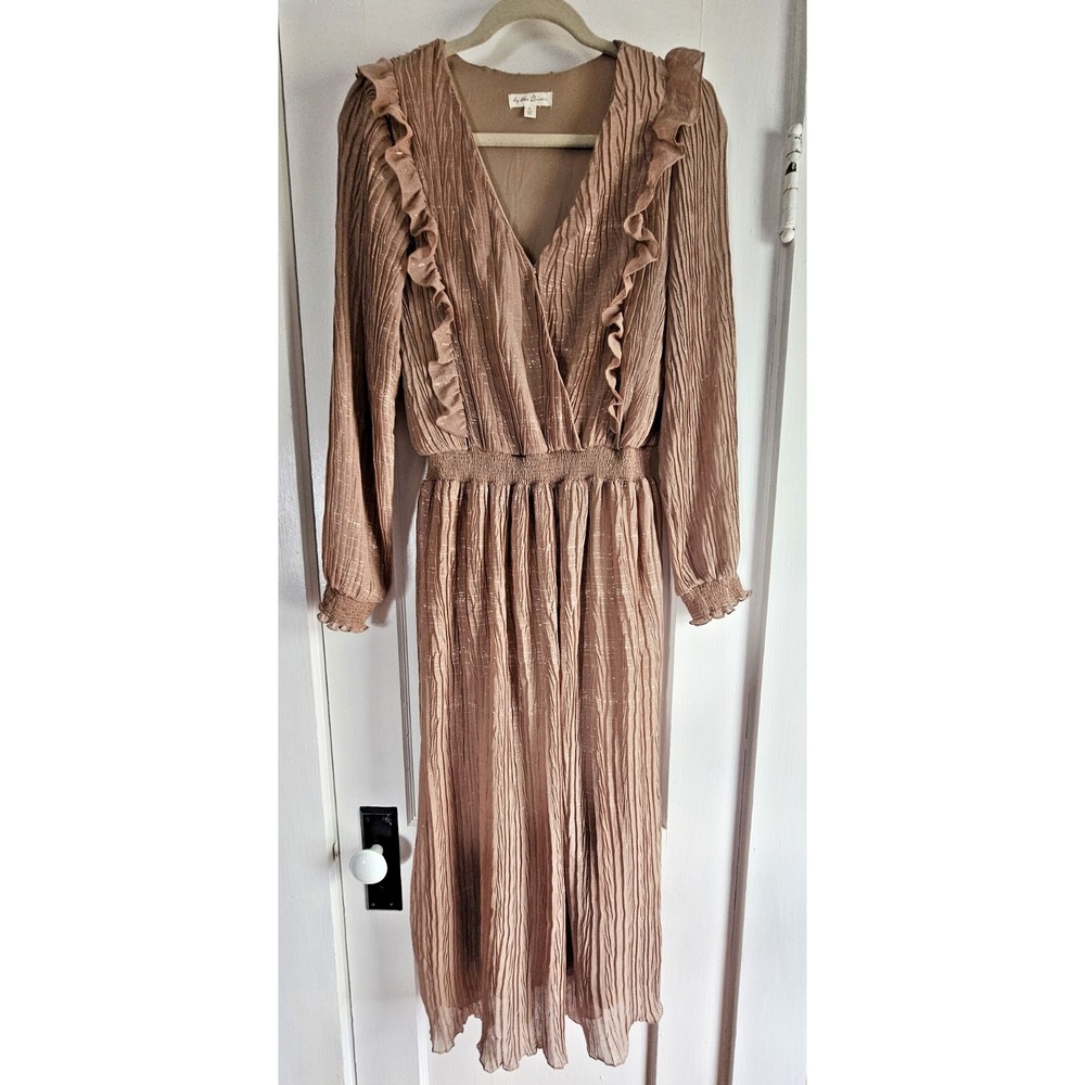by the River tan metallic lines wrinkle pleated ruffle lined midi dress woman L